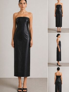 Nwt Gianni Bini Strapless Tube Midi Dress Stretch Raw Hem Back Slit Fx Leather
